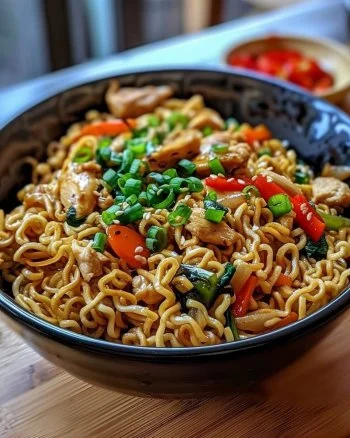 Chicken Ramen Stir Fry 2 Delicious chicken ramen stir fry with colorful vegetables and savory broth