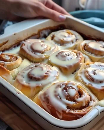 Freshly baked cinnamon rolls drizzled with icing, ready to be served.