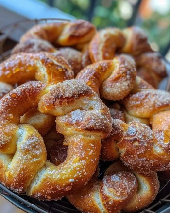 Freshly baked cinnamon sugar pretzels topped with a sweet coating.