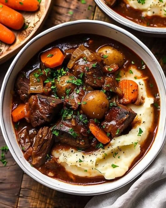 Classic Beef Bourguignon 2 Classic Beef Bourguignon with tender beef, red wine, and aromatic vegetables