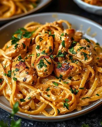 Plate of Cowboy Butter Chicken Linguine with a rich sauce and herbs