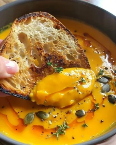 Bowl of creamy butternut squash soup topped with herbs and spices