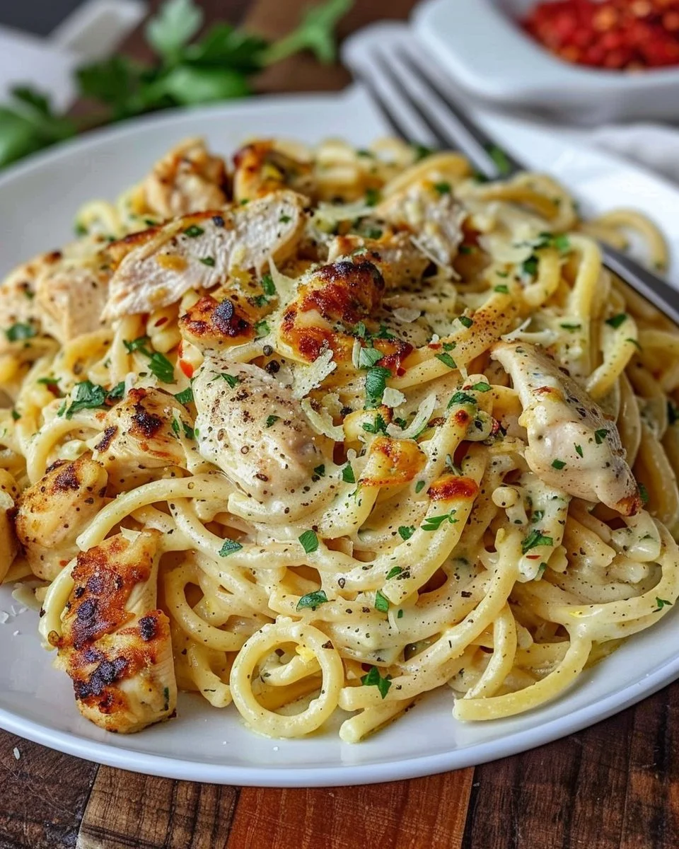 Creamy Garlic Parmesan Chicken Pasta 2 Creamy Garlic Parmesan Chicken Pasta topped with herbs and cheese