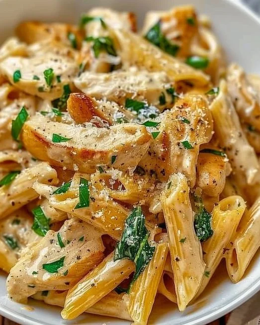 Creamy Garlic Pasta 2 Plate of creamy garlic pasta garnished with parsley and grated cheese