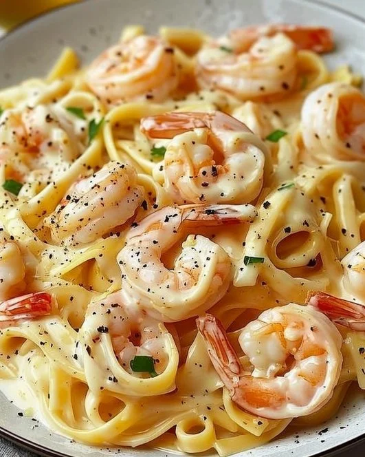 Creamy Garlic Shrimp Pasta 2 Delicious creamy garlic shrimp pasta served in a bowl, garnished with herbs.