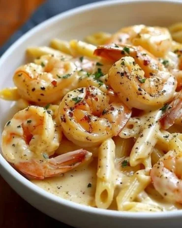 Creamy shrimp and crab pasta served in a bowl with fresh herbs and lemon