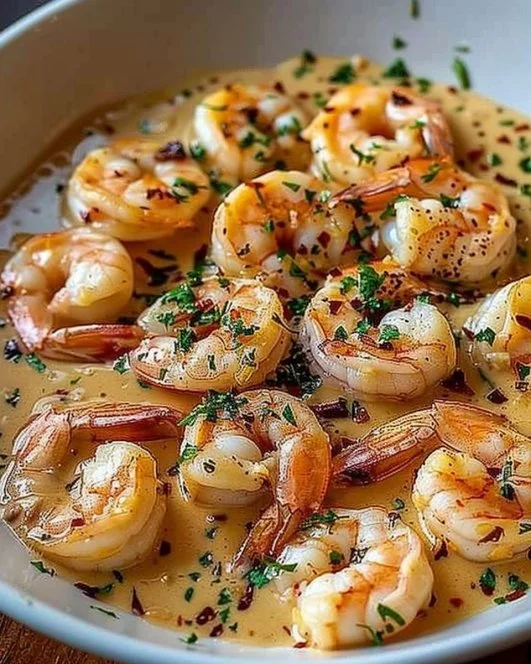 Easy Creamy Garlic Shrimp 2 Plate of easy creamy garlic shrimp with herbs and lemon