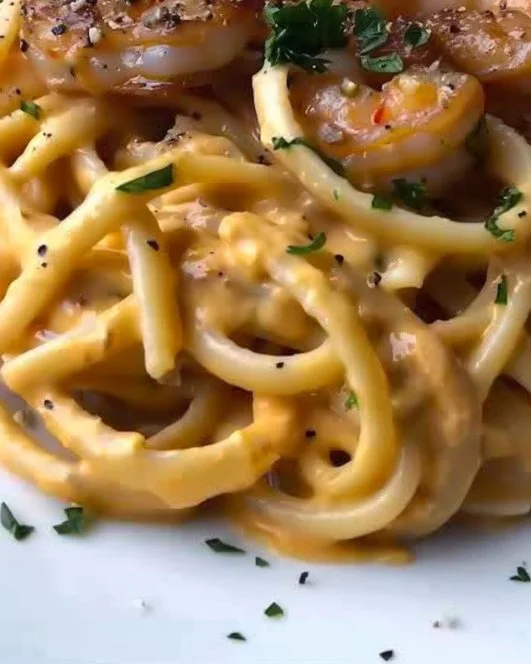 Creamy shrimp linguine dish garnished with herbs and served in a white bowl