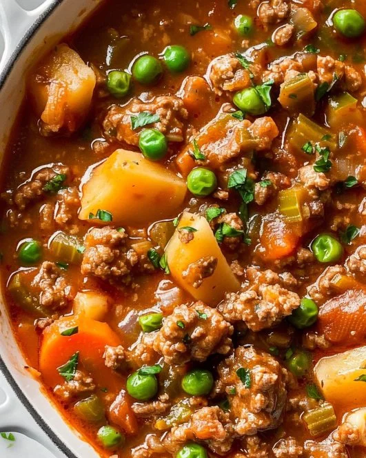 Easy Ground Beef Stew 2 Bowl of easy ground beef stew garnished with vegetables and herbs, ready to serve