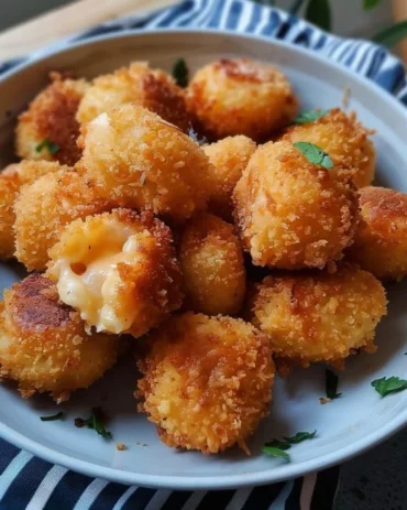 Crispy fried mac and cheese bites served on a plate with dipping sauce