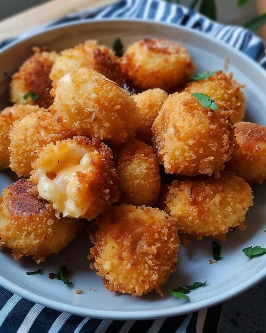 Fried Mac and Cheese Bites 2 Crispy fried mac and cheese bites served on a plate with dipping sauce