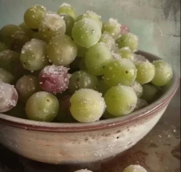 Bowl of frozen grapes on a table, a refreshing snack choice.
