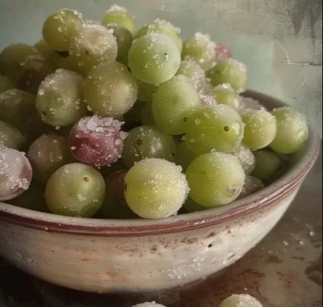 Frozen Grapes 2 Bowl of frozen grapes on a table, a refreshing snack choice.