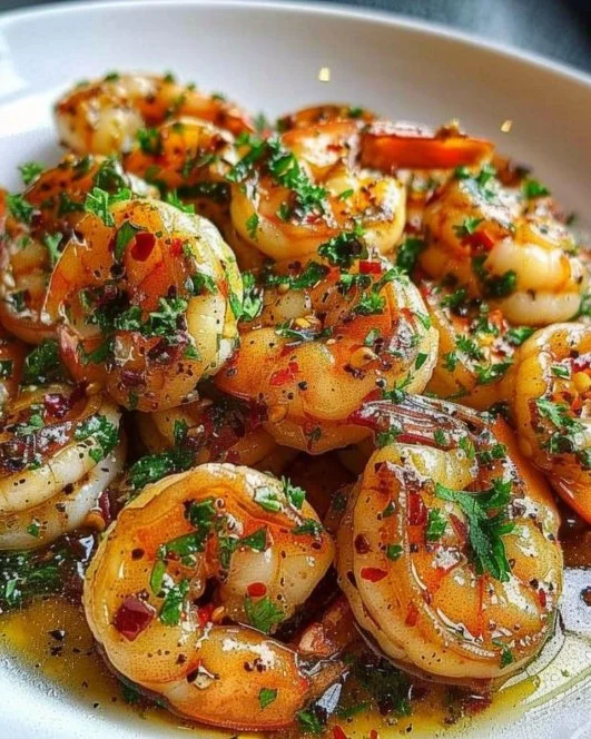 Plate of garlic butter shrimp garnished with fresh parsley
