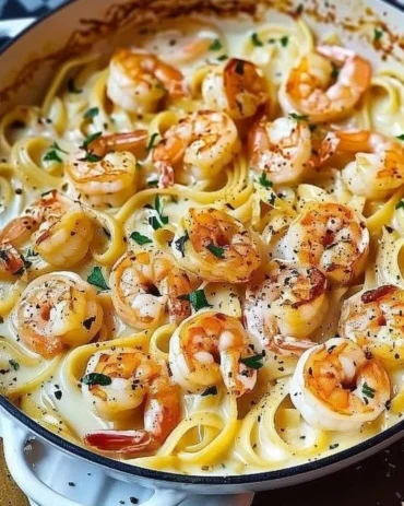 Delicious garlic butter shrimp pasta served in a bowl, garnished with parsley.