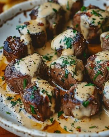 Garlic Butter Steak Bites with Parmesan Cream Sauce 2 Delicious Garlic Butter Steak Bites with Parmesan Cream Sauce plated beautifully