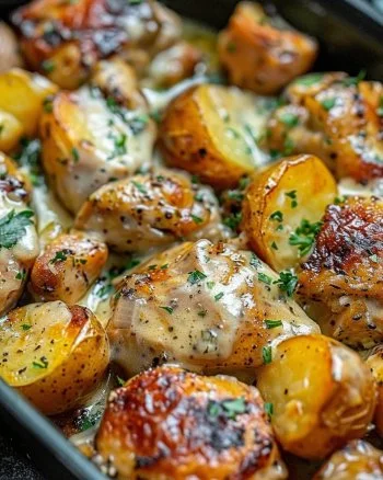 Delicious Garlic Parmesan Chicken and Potatoes cooked in a crockpot