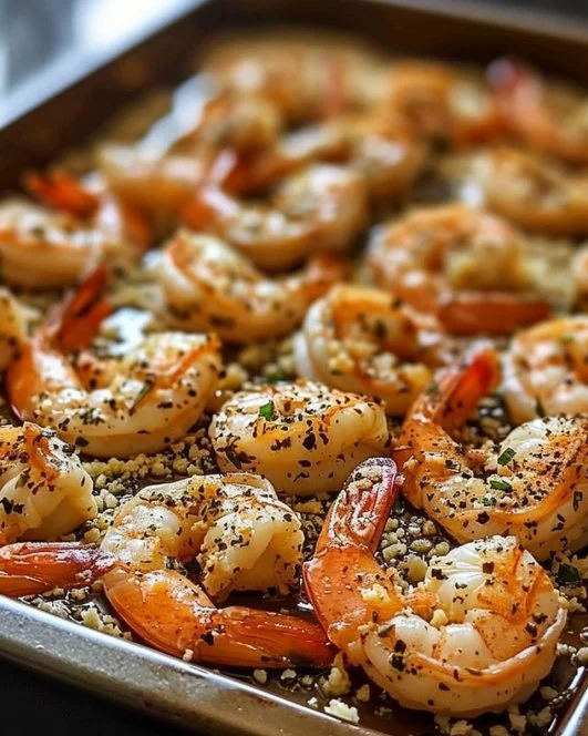 Garlic Parmesan Roasted Shrimp 2 Delicious Garlic Parmesan Roasted Shrimp served on a plate garnished with herbs.