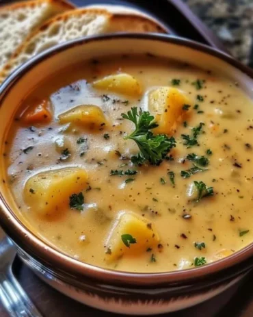 A bowl of hearty cheddar garlic herb potato soup garnished with herbs