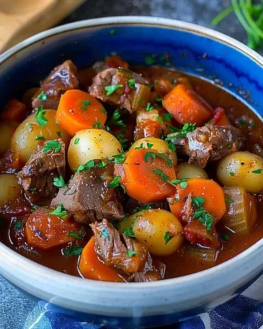 A bowl of hearty Irish stew with vegetables and meat, garnished with parsley.