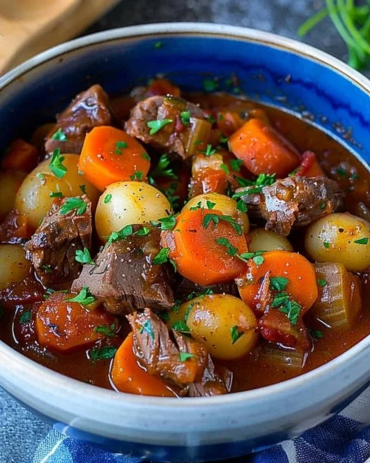 A bowl of hearty Irish stew with vegetables and meat, garnished with parsley.