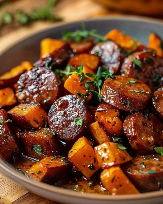 Honey Garlic Sausage with Sweet Potatoes 2 Honey Garlic Sausage served with roasted sweet potatoes on a plate.