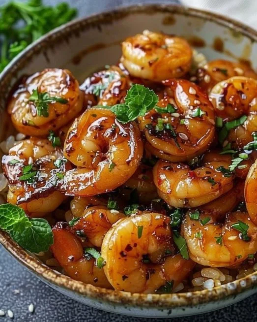 Delicious honey garlic shrimp bowl garnished with vegetables and rice.