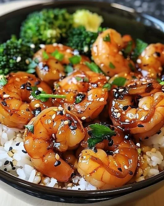 Honey Garlic Shrimp Bowls with colorful vegetables and rice