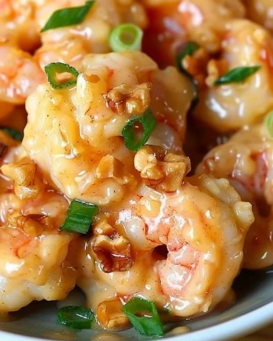 Honey Walnut Shrimp 2 Delicious Honey Walnut Shrimp served on a plate with candied walnuts and sauce.