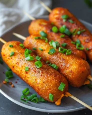 Homemade Korean corn dog served with dipping sauce on a wooden table