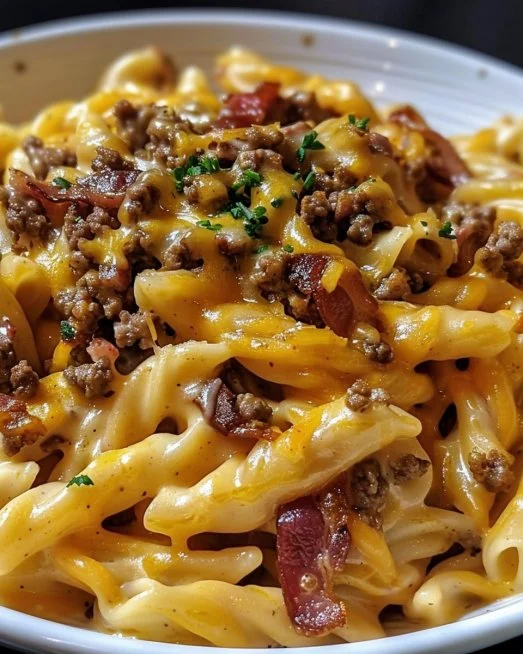 Plate of loaded bacon cheeseburger pasta with cheese and bacon toppings