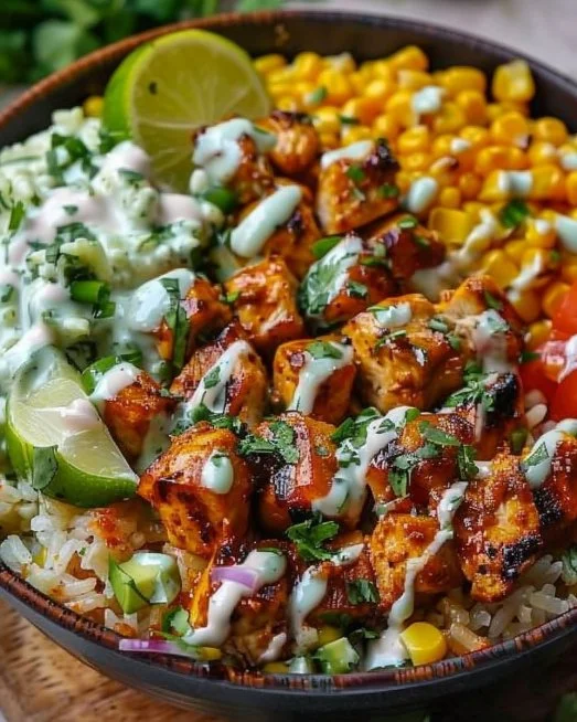 Mexican Street Corn Chicken Rice Bowl 2 Mexican street corn chicken rice bowl with vibrant toppings and flavors