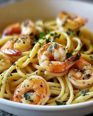 Delicious one-pot garlic butter shrimp pasta dish with herbs and spices