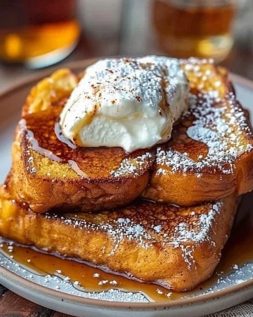 Pumpkin French Toast 2 Delicious Pumpkin French Toast topped with maple syrup and whipped cream