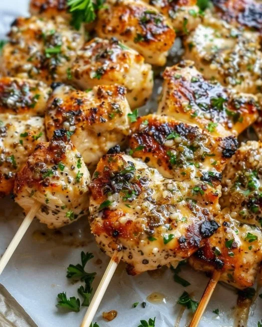 Delicious Ranch Garlic Parmesan Chicken Skewers ready for grilling