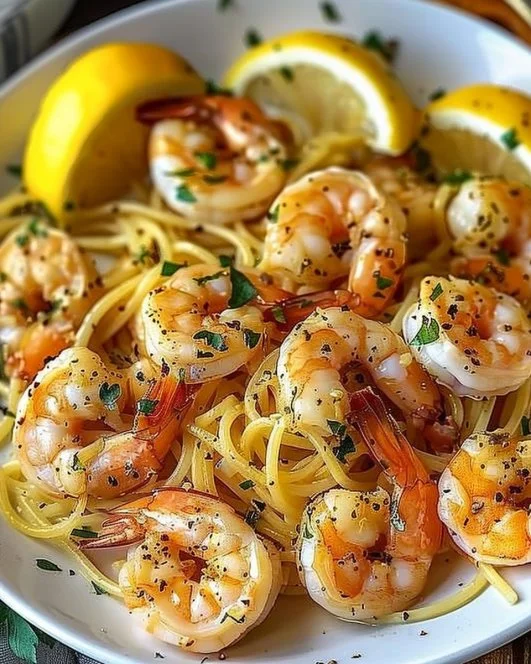 Shrimp Scampi 2 Delicious shrimp scampi served with pasta and garnished with parsley.