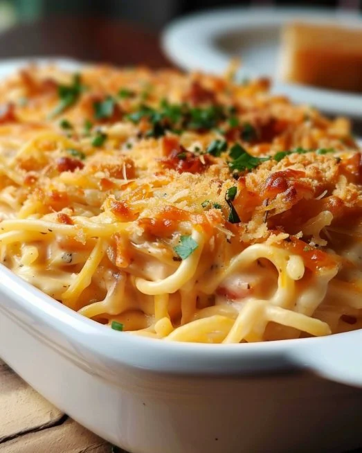 Spicy Southern Cheesy Chicken Spaghetti Casserole 2 Cheesy chicken spaghetti casserole topped with spices and cheese