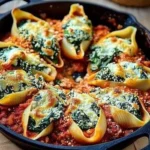 Spinach and ricotta stuffed shells topped with marinara sauce and cheese