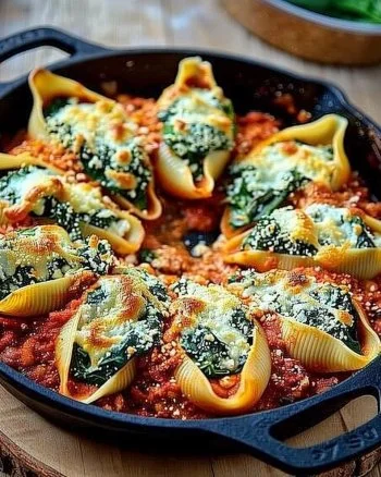 Spinach and Ricotta Stuffed Shells 2 Spinach and ricotta stuffed shells topped with marinara sauce and cheese