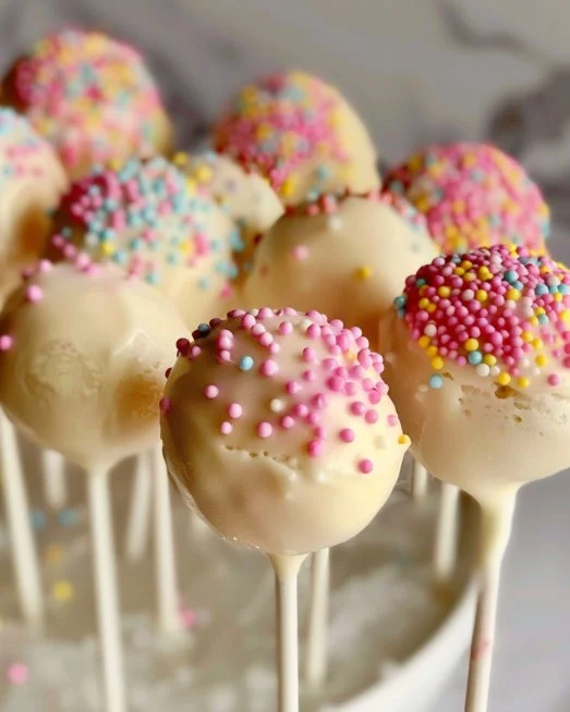 Starbucks Cake Pop 2 Starbucks cake pop displayed on a white plate, colorful and enticing.