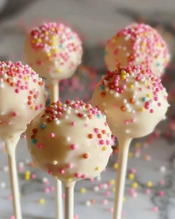 Homemade Starbucks style birthday cake pops on a festive table