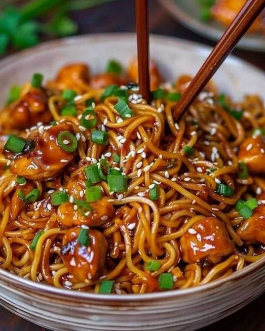 Sticky Garlic Chicken Noodles 2 Delicious Sticky Garlic Chicken Noodles garnished with green onions.