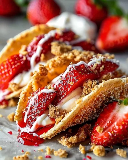 Strawberry Crunch Cheesecake Tacos 2 Strawberry Crunch Cheesecake Tacos topped with fresh strawberries and crunchy topping