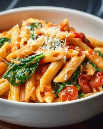 Delicious spinach tomato pasta served in a bowl with fresh ingredients.