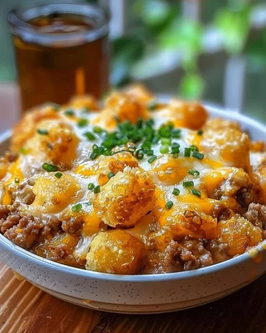 Tater Tot Casserole with Ground Beef 2 Tater Tot Casserole with Ground Beef topped with melted cheese and garnished with herbs.