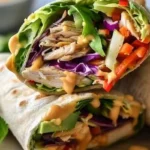 Thai Peanut Chicken Wraps served with fresh vegetables and a flavorful sauce