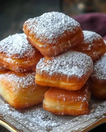 Vanilla French Beignets 2 Delicious Vanilla French Beignets dusted with powdered sugar on a plate.