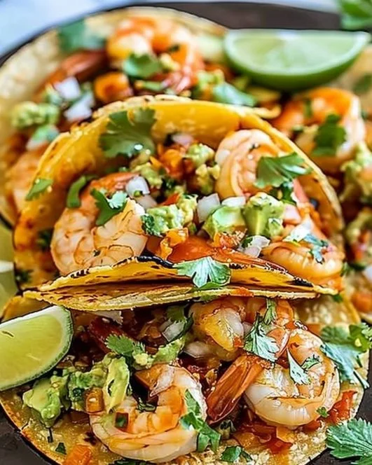 Zesty Shrimp Tacos 2 Delicious zesty shrimp tacos topped with fresh ingredients and served in soft tortillas