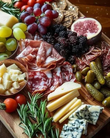 Elegant artisan charcuterie board filled with assorted meats, cheeses, and fruits