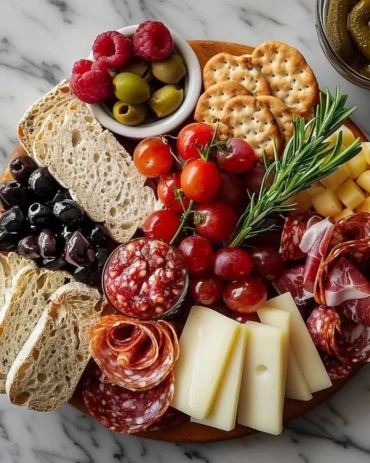 Simple charcuterie board with cheeses, meats, and fresh fruits for entertaining